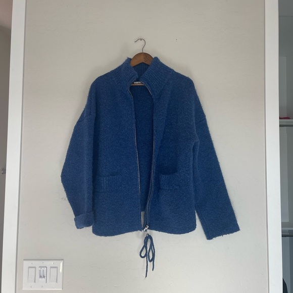 Blue wool Jacket with Relaxed Fit and Drawstring Hem - Picture 1 of 5